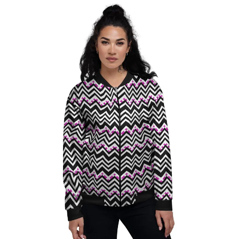 Chevron Zigzag Black Pink Print Pattern Women's Bomber Jacket