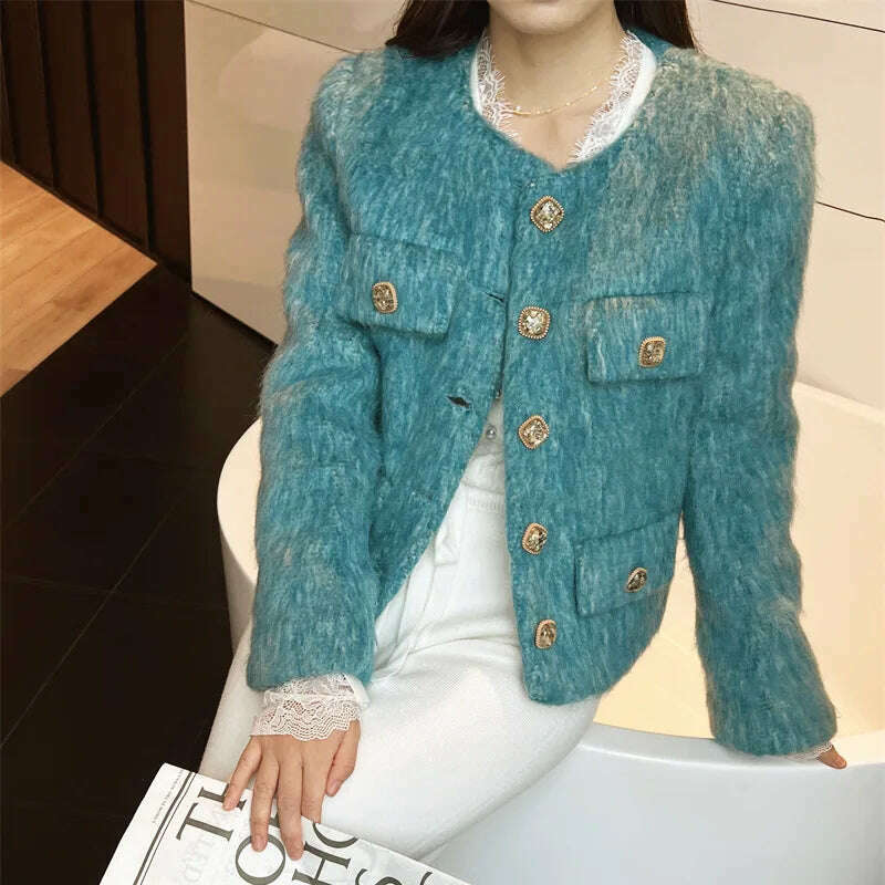 2023 Spring Autumn New Refined Elegant Temperament Round-Neck Wool Fur Short Coat Women Blue Jacket