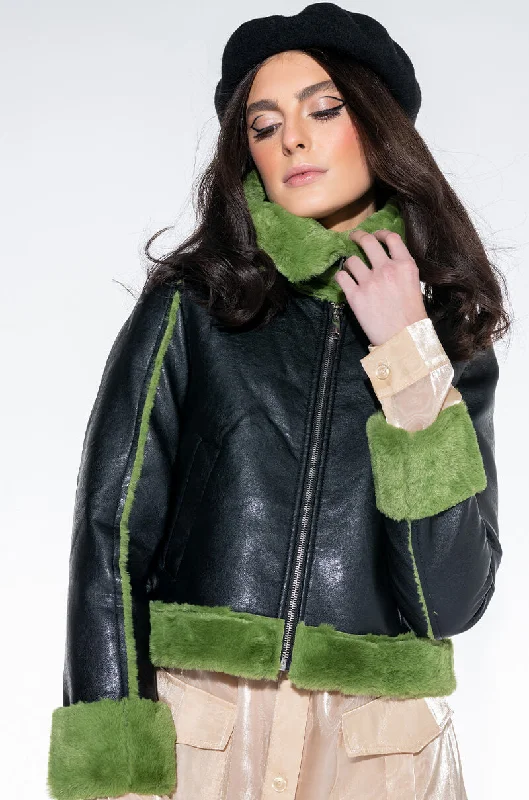 AZALEA WANG GRINCH BONDED PU JACKET Notch Collar Peter Pan Collar Cowl Neck