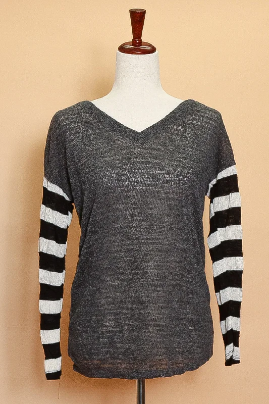 Charcoal Grey Stripe Sleeve Sweater (4pc) Fuzzy Sherpa Pullover