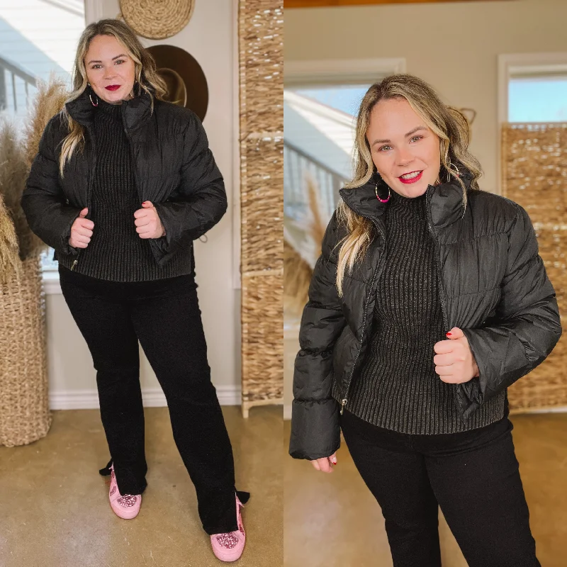 Wrapped In Cozy Cropped Puffer Jacket in Black Stand-Up Collar Roll-Neck Collar Turtle Neck