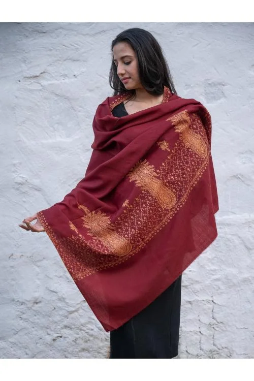 Exclusive, Fine Hand Embroidered Kashmiri Shawl - Dark Red Ornate Sporty Zip-Up Jacket