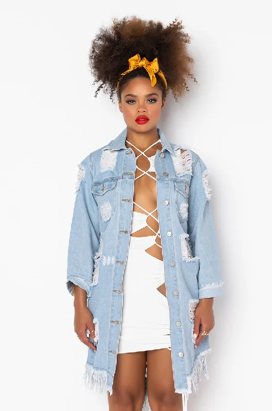 GOOD TO BE BAD DISTRESSED DENIM JACKET DENIM Fitted Jacket Loose Jacket Oversized Jacket