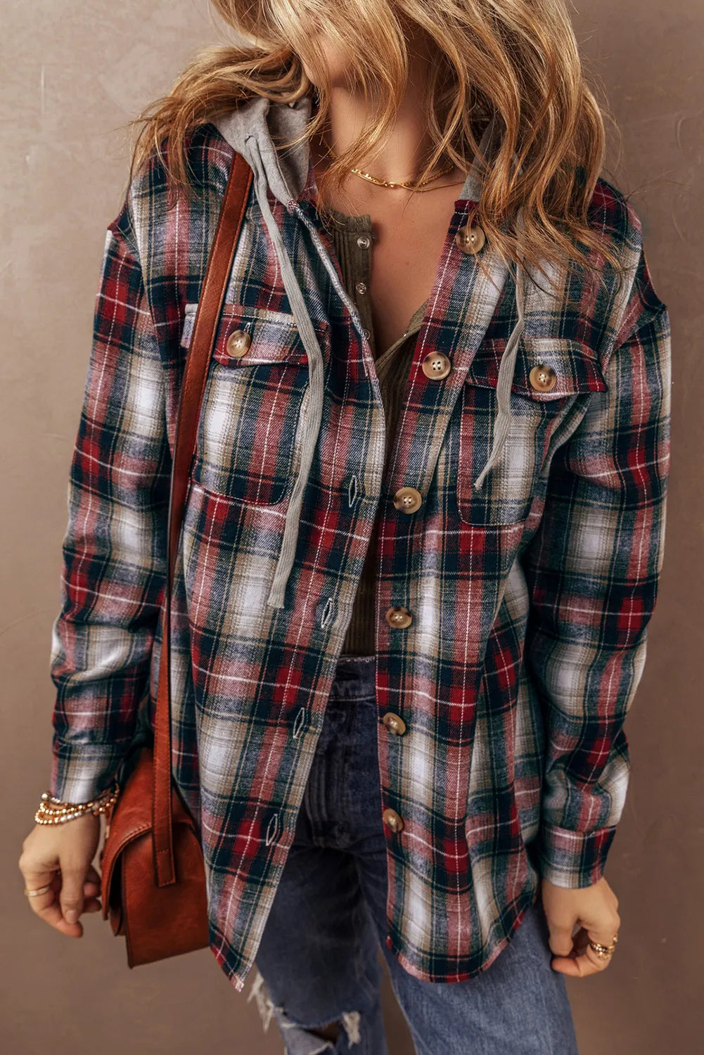 Plaid Button Up Hooded Jacket