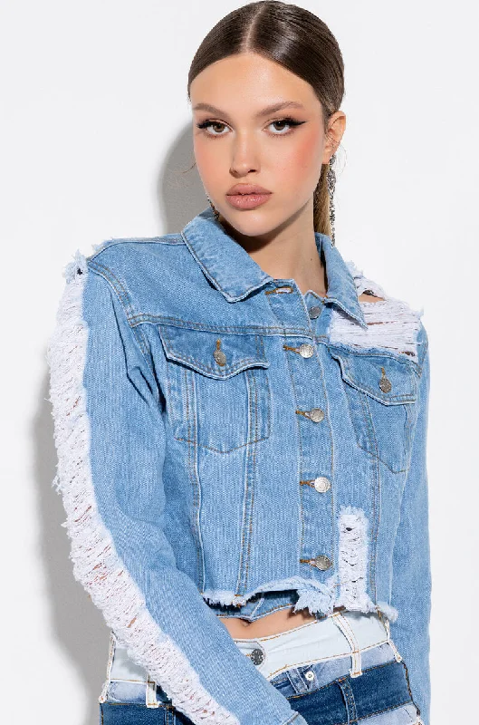 ULTRA DISTRESSED CROP DENIM JACKET Ribbed Jacket Pleated Jacket Ruffled Jacket