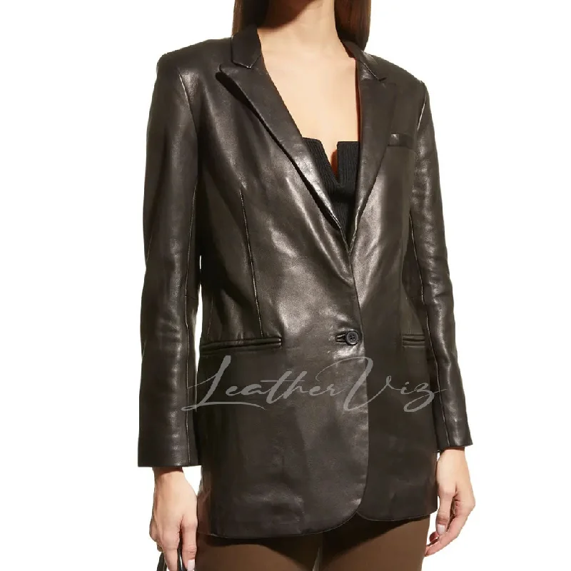 ONE-BUTTON FRONT LEATHER BLAZER FOR WOMEN Women's Handmade Blazer