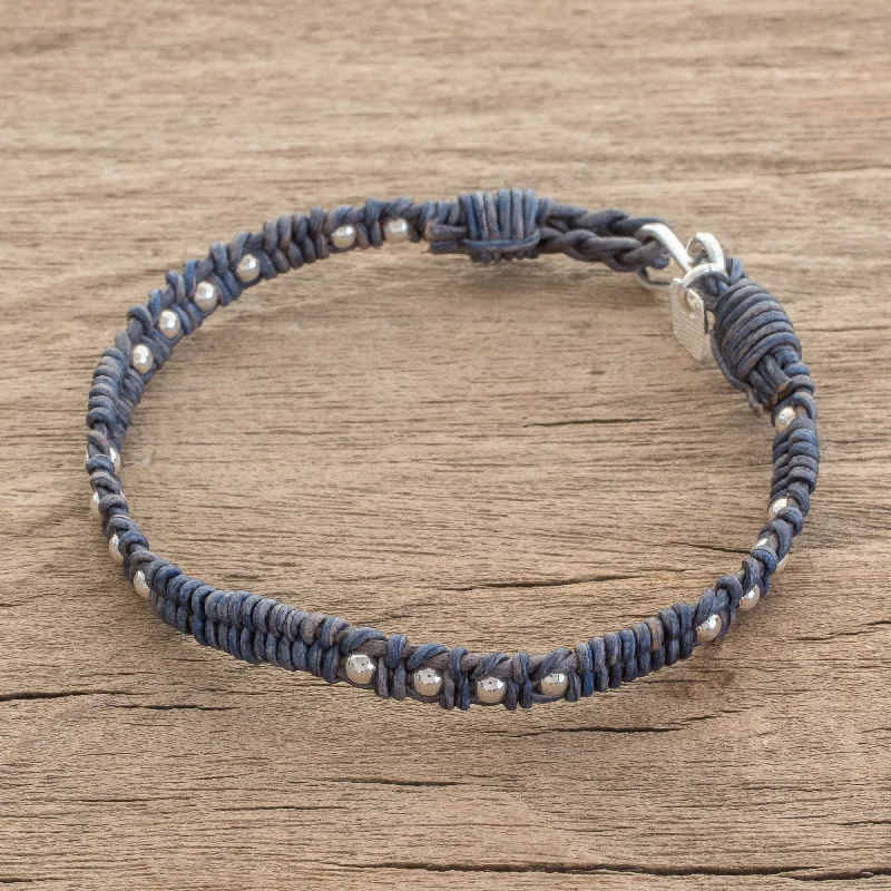 Elegant Jewelry Pieces At Unbelievable Prices Brilliant Orbs Silver and Leather Beaded Wristband Bracelet in Blue