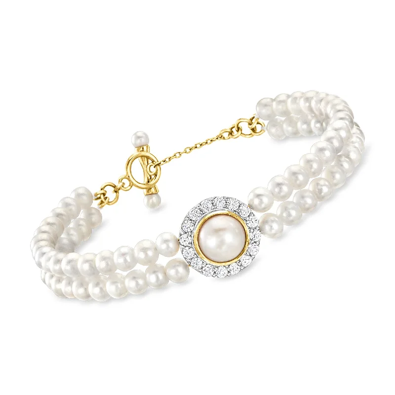 Sparkle More For Less – Jewelry Sale Happening Now Ross-Simons 3-8.5mm Cultured Pearl and White Zircon Bracelet in 18kt Gold Over Sterling