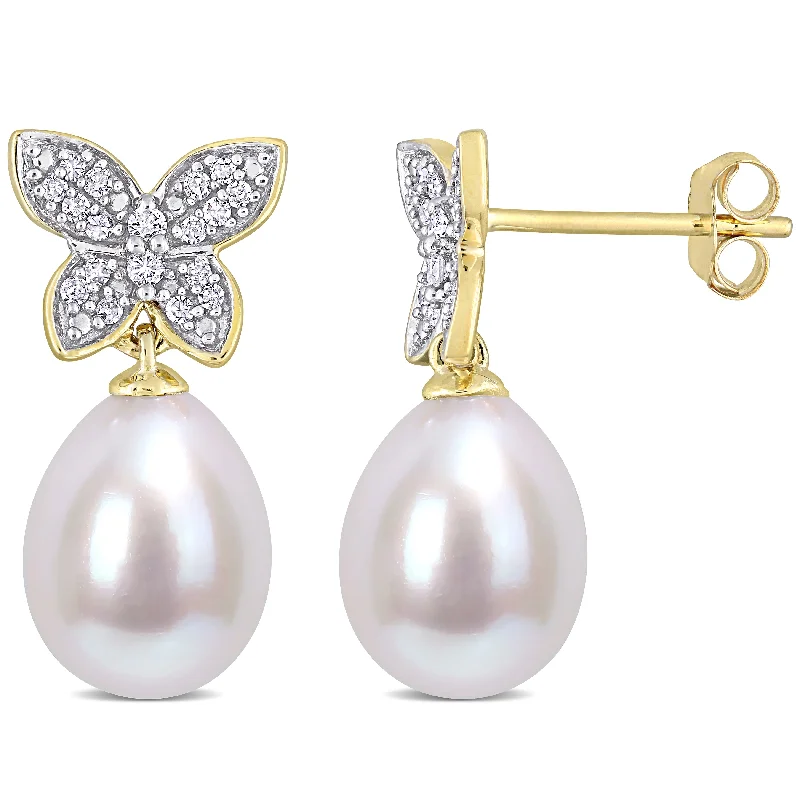 Clearance Sale On High-End Jewelry Collections 8.5-9 MM Freshwater Cultured Pearl and 1/8 CT TDW Diamond Butterfly Drop Earrings in 10k Yellow Gold Clearance Sale On High-End Jewelry Collections 8.5-9 MM Freshwater Cultured Pearl and 1/8 CT TDW Diamond Butterfly Drop Earrings in 10k Yellow Gold