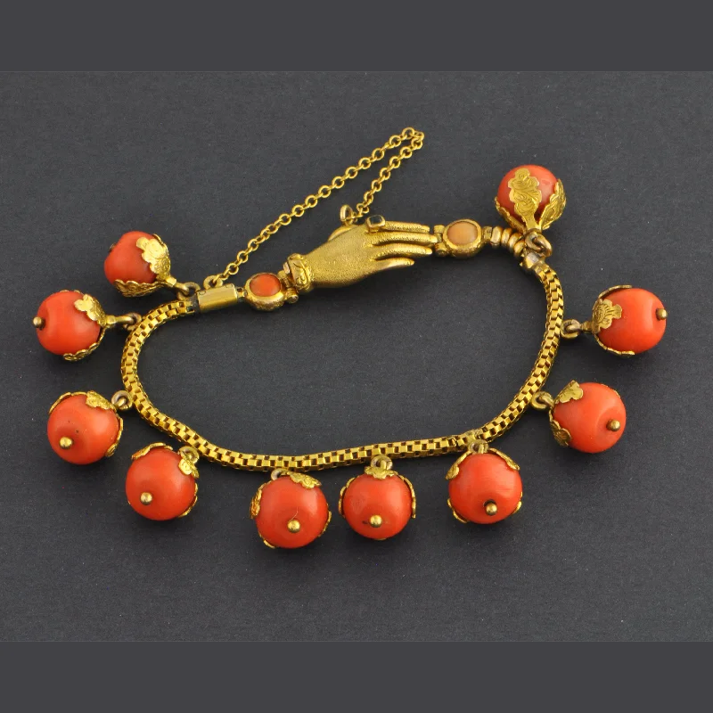 Affordable Gold-Plated Jewelry For Modern Fashion Antique Coral Bead Hand Clasp Bracelet in Yellow Gold