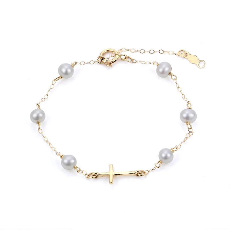 Holiday Jewelry Sale – Perfect Gifts At Great Prices Child 4mm Freshwater Pearl Cross Station 14K Yellow Gold Bracelet