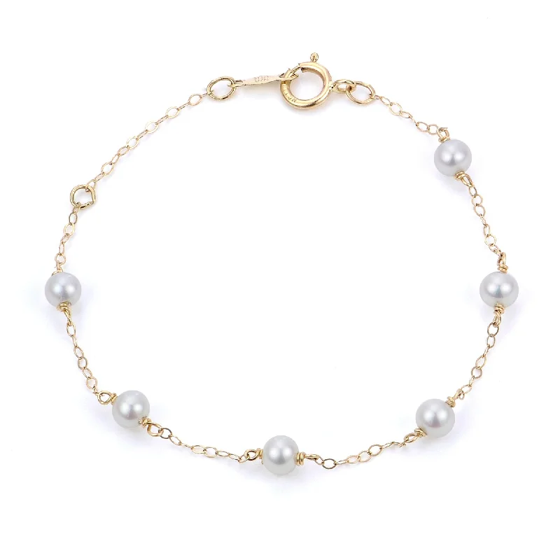 Personalized Jewelry At Special Discount Rates Child 4mm Freshwater Pearl Station 14K Yellow Gold Bracelet
