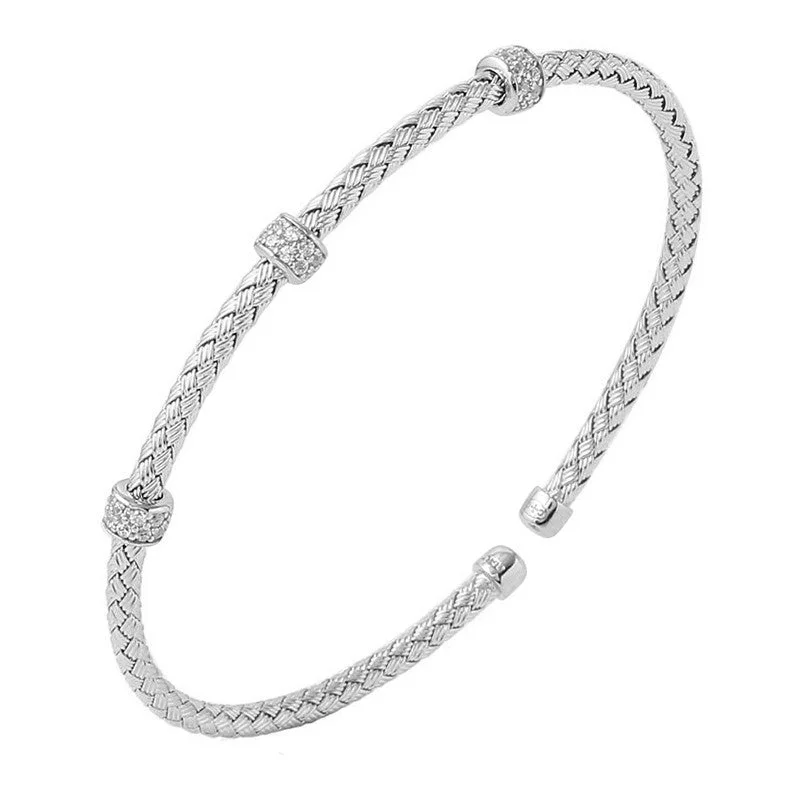 Dainty And Elegant Jewelry Now At Reduced Prices CZ Rhodium Plated Silver 3mm Mesh Cuff Bangle