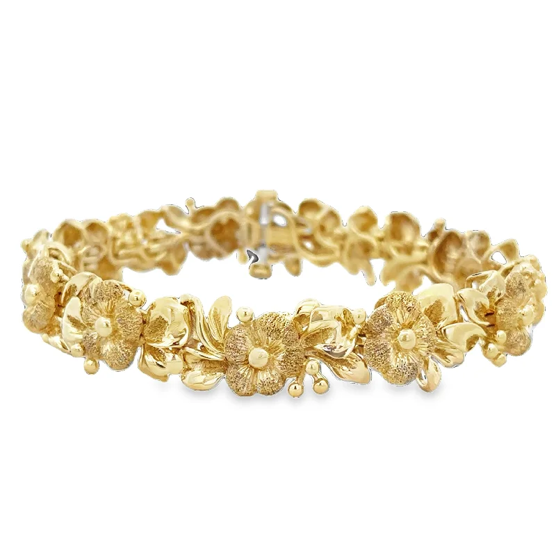 Fashion-Forward Geometric Jewelry For Contemporary Style Textured Dogwood Flower Bracelet in Yellow Gold 7"