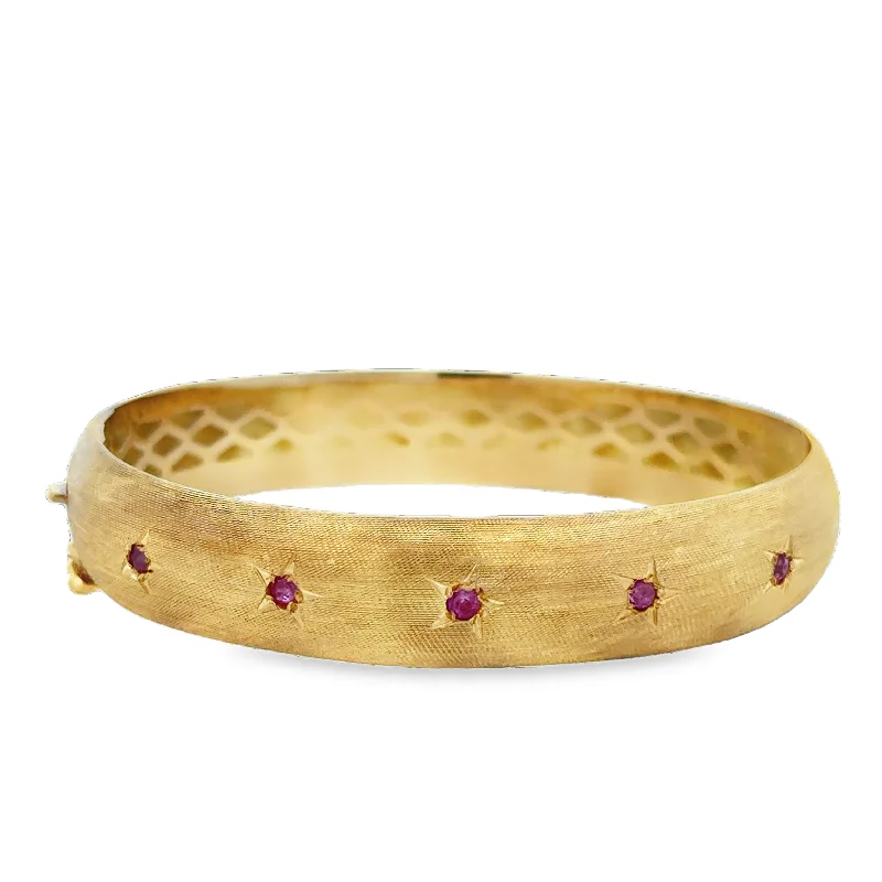 Special Deals On Handcrafted And Designer Jewelry Vintage Mid-Century Ruby Bangle Bracelet in 18k Gold 5"-5.5" Wrist